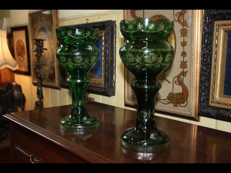 Pair of Bohemian green glass jardinieres